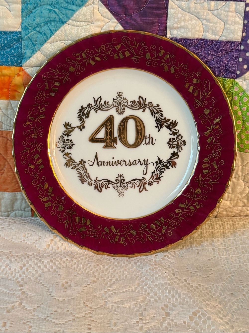 Nocrest 40th Anniversary Decorative Plate - Rich Burgundy and Gold